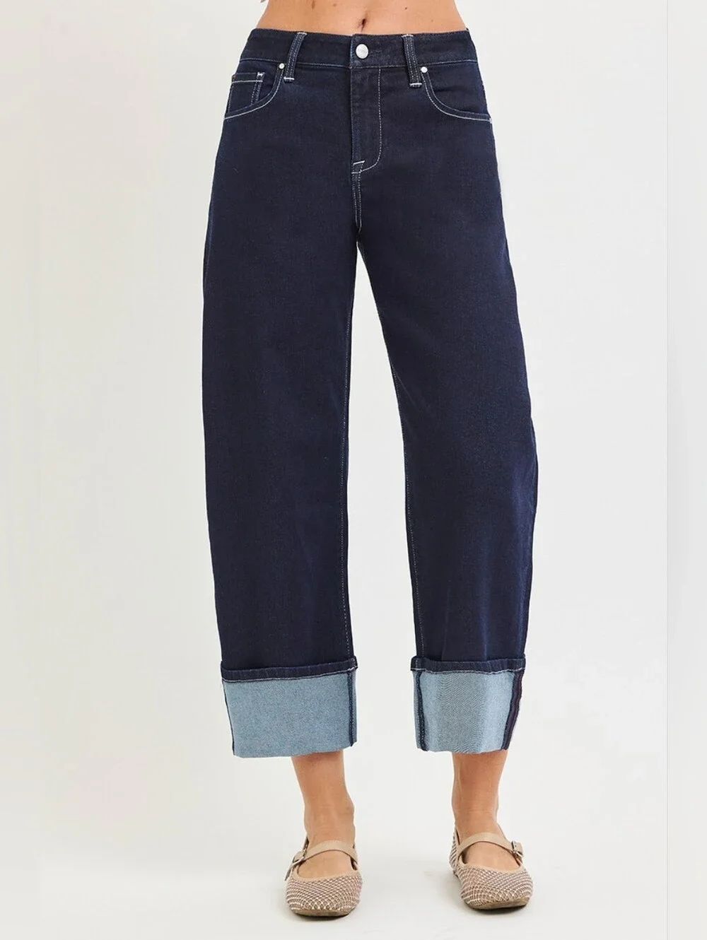 RISEN Deep Dark Wash Cuffed Barrel Jeans Cropped Stretch Classic Various NEW - Picture 12 of 15